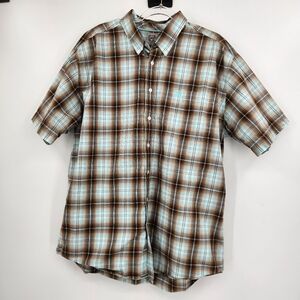Cinch Short Sleeve Button Front Shirt Mens Size Large Turquoise Brown Plaid